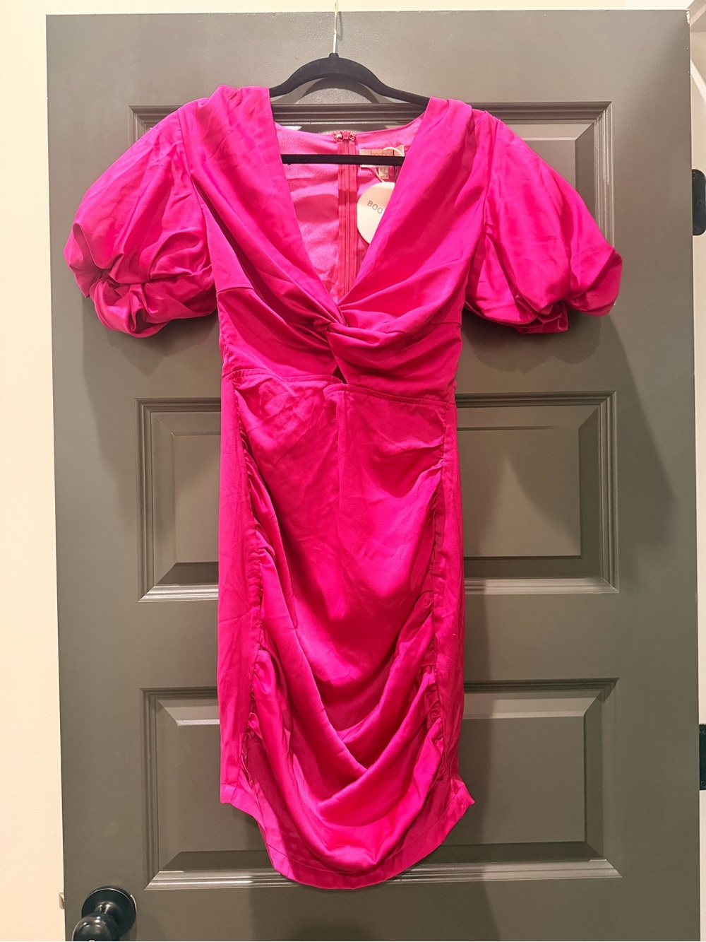 Boohoo Hot Pink Puff-Sleeve Draped Mini Dress